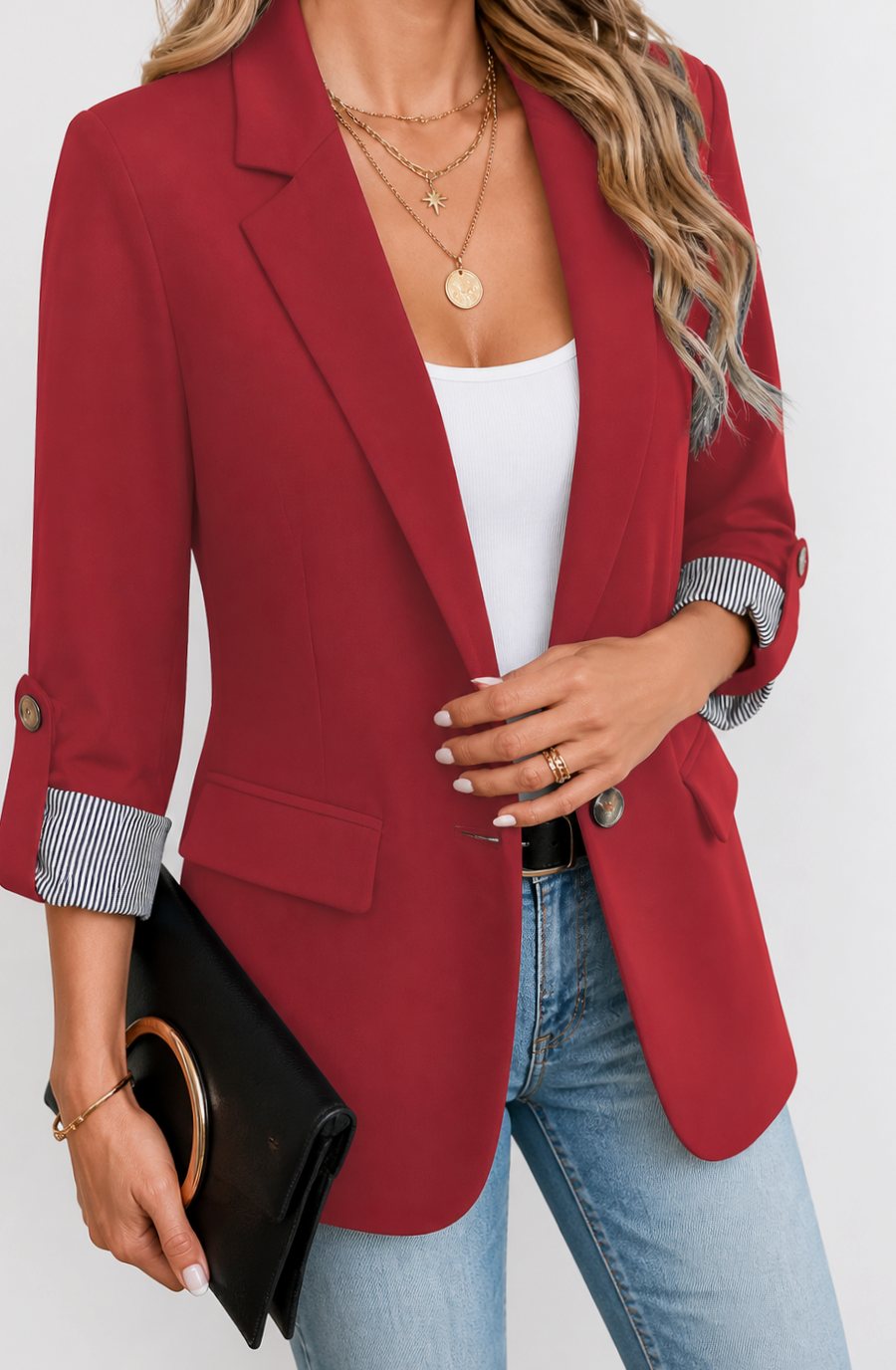Women's Striped-Cuff Roll-Sleeve Tailored Blazer - Red