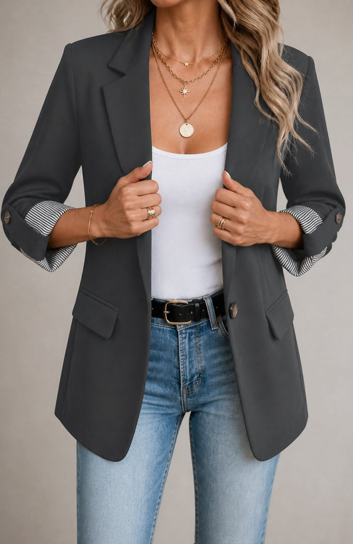 Women's Striped-Cuff Roll-Sleeve Tailored Blazer - Dark Grey