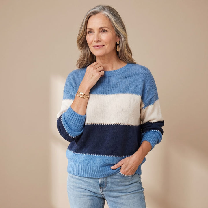 Women's Striped Knitted Pullover Sweater Long Sleeve - Blue