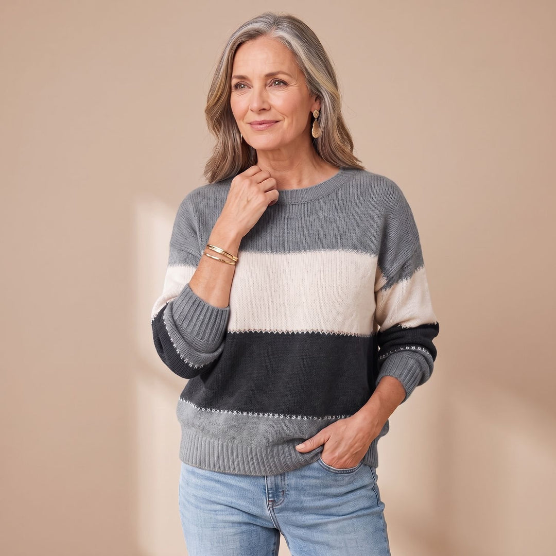 Women's Striped Knitted Pullover Sweater Long Sleeve - Gray