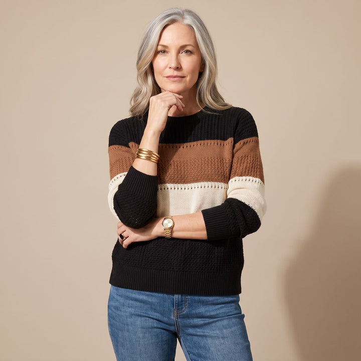 Women's Striped Knitted Pullover Sweater Long Sleeve - Black
