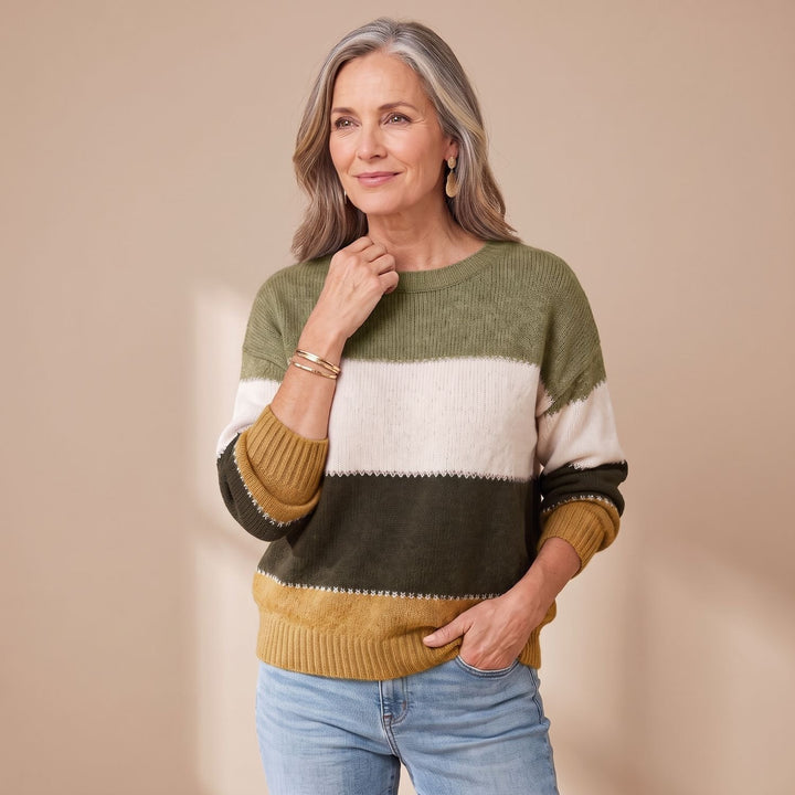 Women's Striped Knitted Pullover Sweater Long Sleeve - Yellow