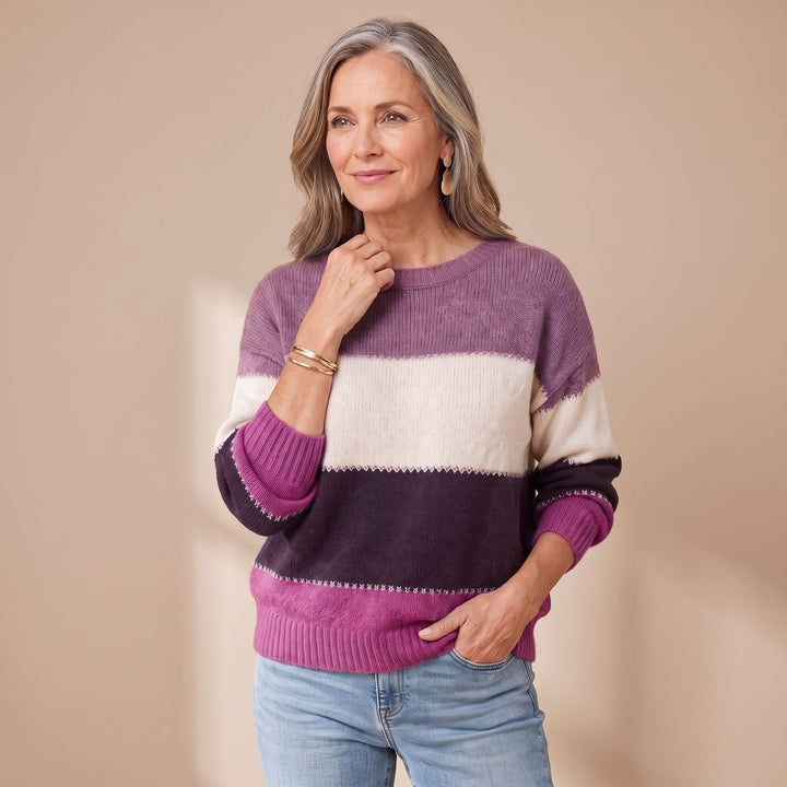Women's Striped Knitted Pullover Sweater Long Sleeve - Purple