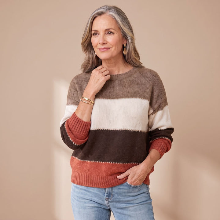 Women's Striped Knitted Pullover Sweater Long Sleeve - Red
