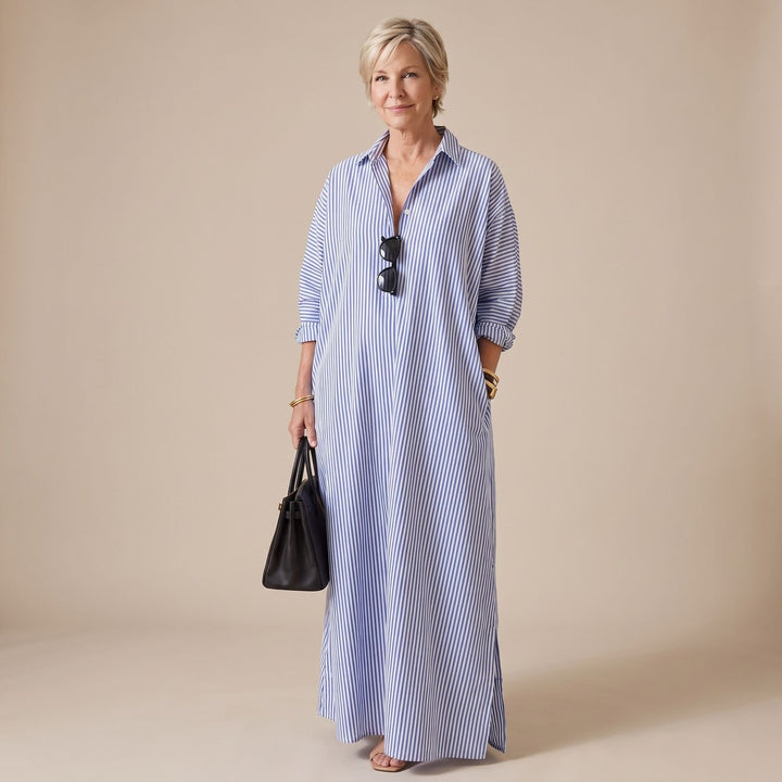 Women's Striped Long Sleeve Collared Maxi Shirt Dress - Sky Blue