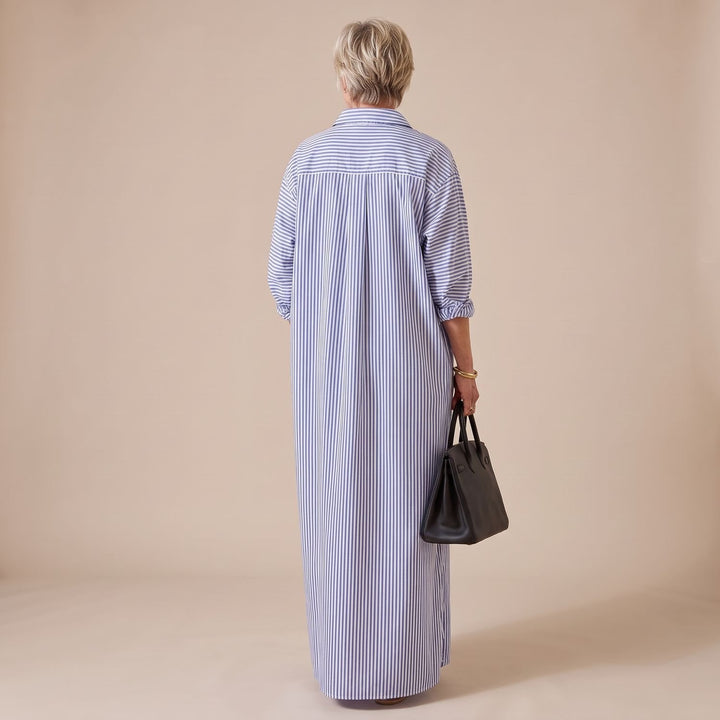 Women's Striped Long Sleeve Collared Maxi Shirt Dress