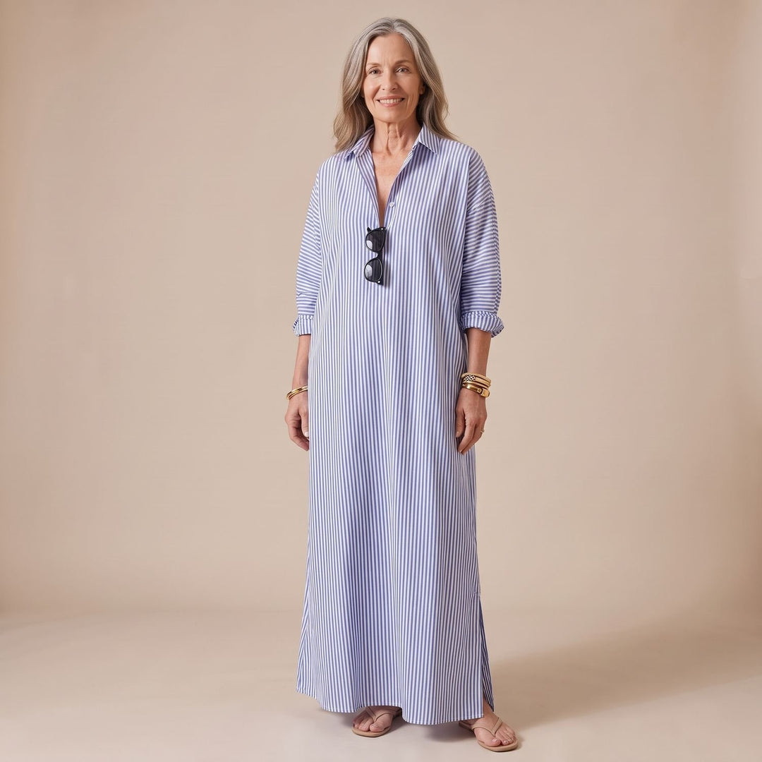 Women's Striped Long Sleeve Collared Maxi Shirt Dress
