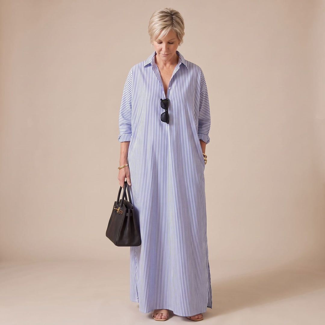 Women's Striped Long Sleeve Collared Maxi Shirt Dress - Grey