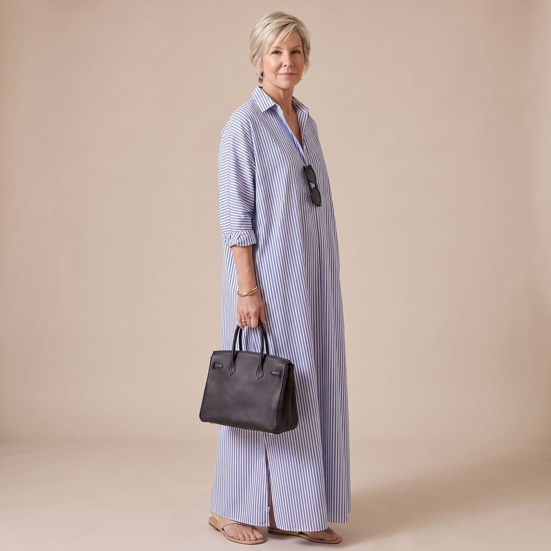 Women's Striped Long Sleeve Collared Maxi Shirt Dress