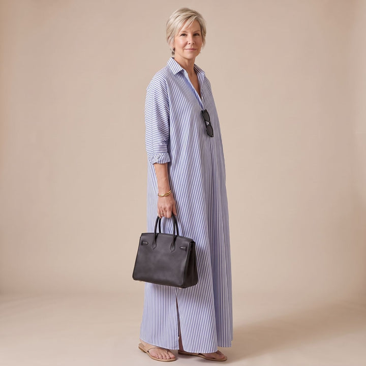 Women's Striped Long Sleeve Collared Maxi Shirt Dress