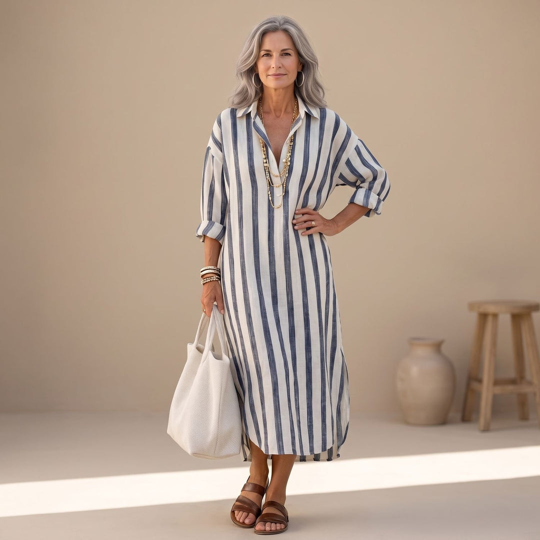Women's Striped Long Sleeve Midi Shirt Dress Relaxed Fit - Blue