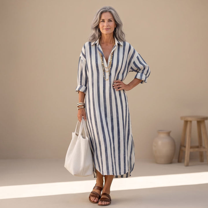Women's Striped Long Sleeve Midi Shirt Dress Relaxed Fit - Blue