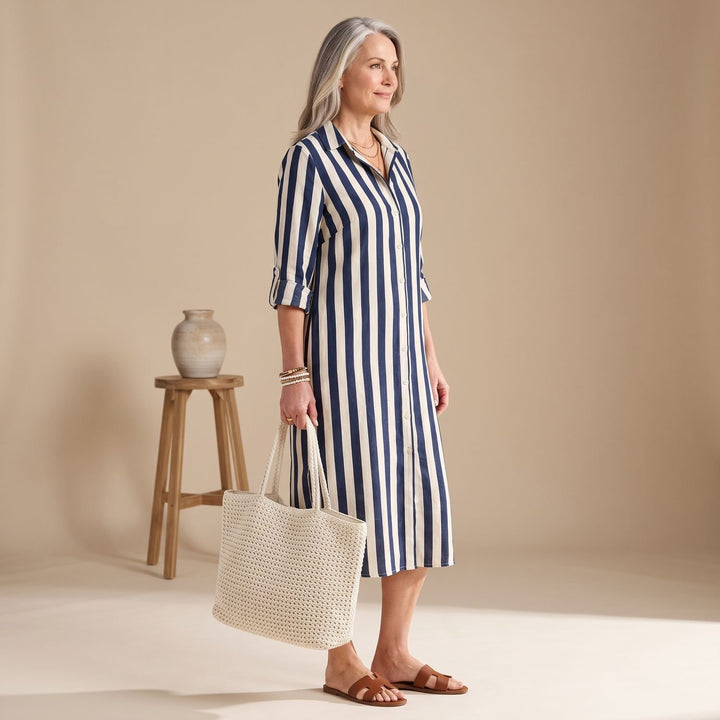 Women's Striped Long Sleeve Midi Shirt Dress Relaxed Fit