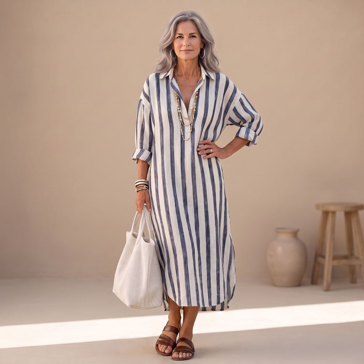 Women's Striped Long Sleeve Midi Shirt Dress Relaxed Fit