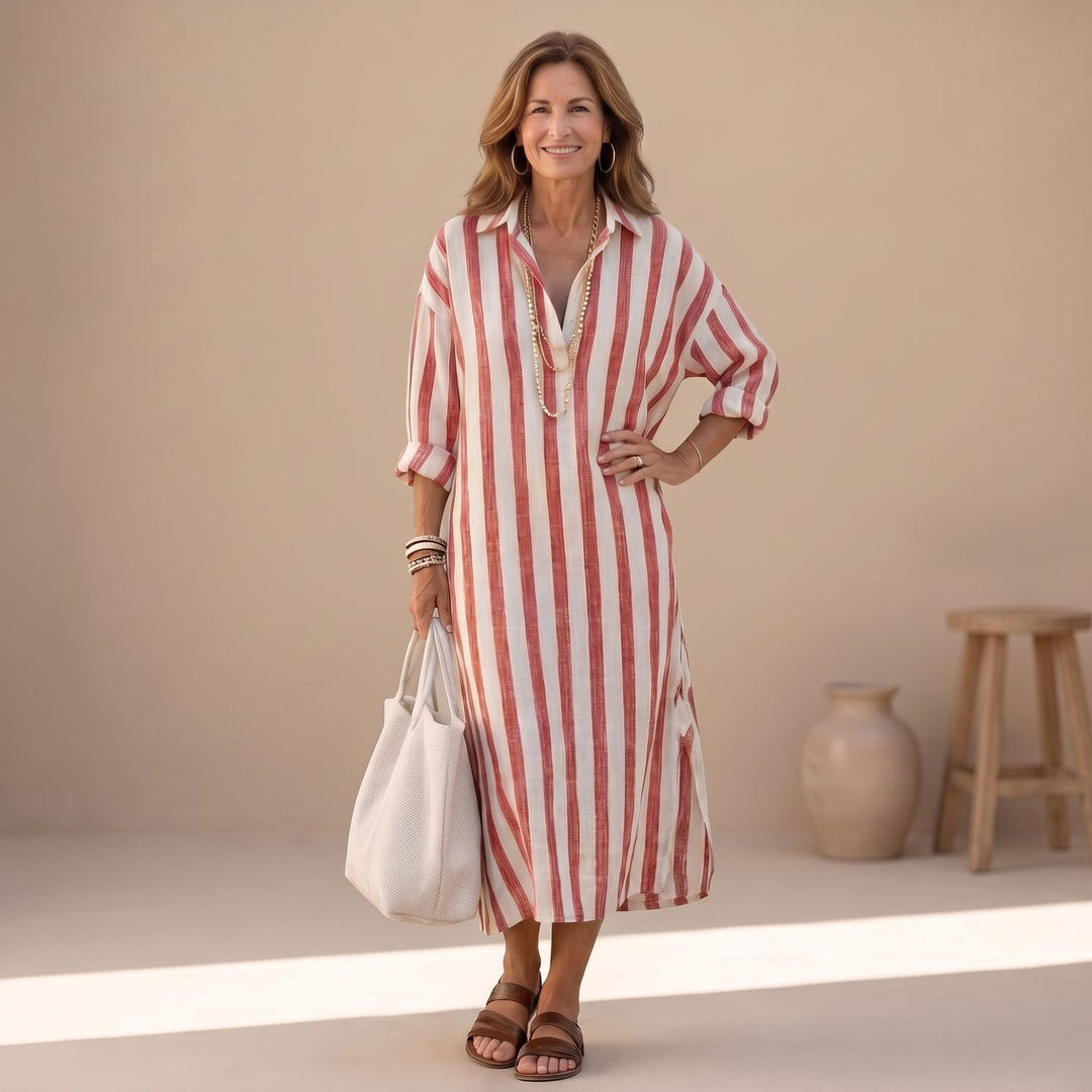 Women's Striped Long Sleeve Midi Shirt Dress Relaxed Fit - Red