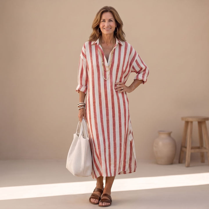 Women's Striped Long Sleeve Midi Shirt Dress Relaxed Fit - Red