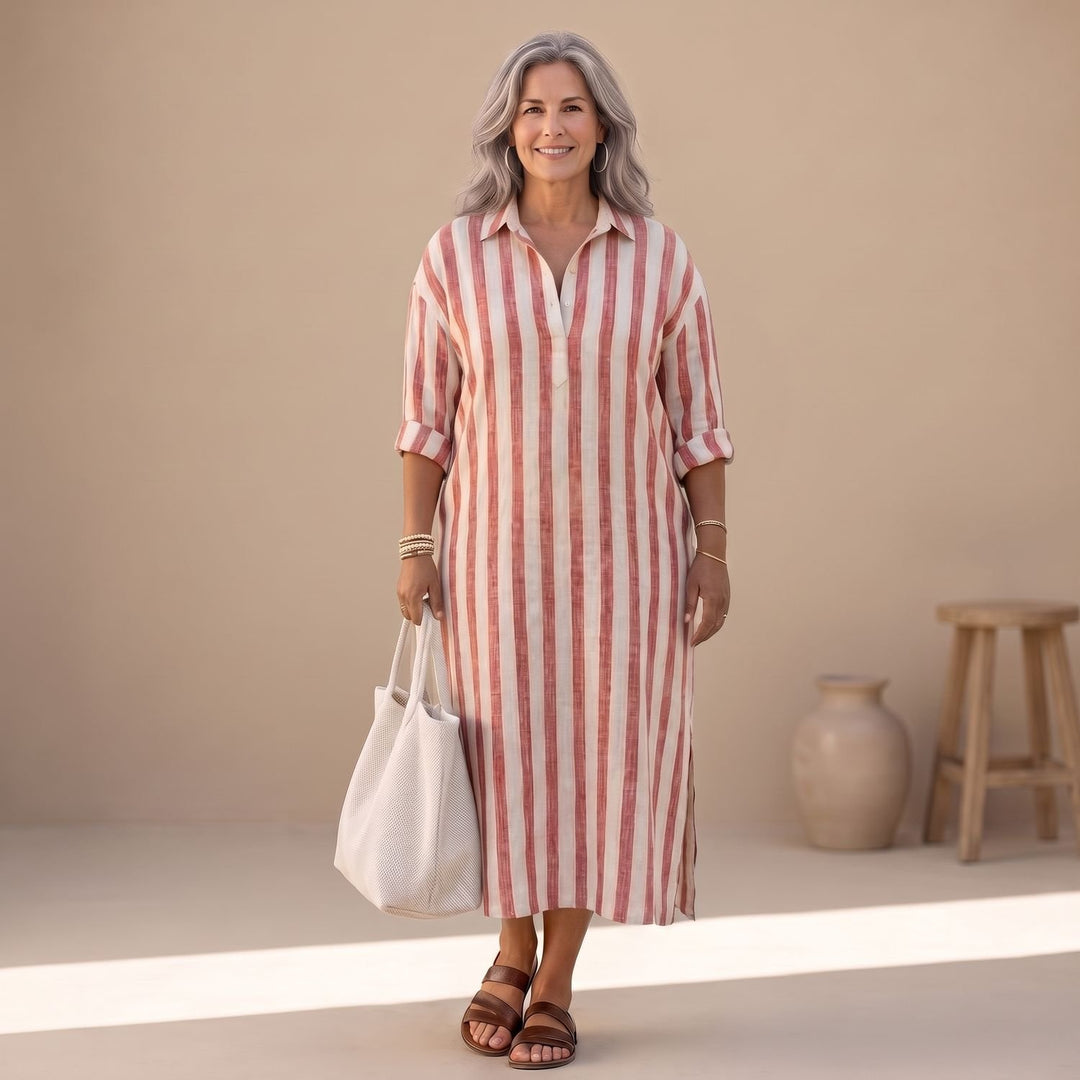 Women's Striped Long Sleeve Midi Shirt Dress Relaxed Fit