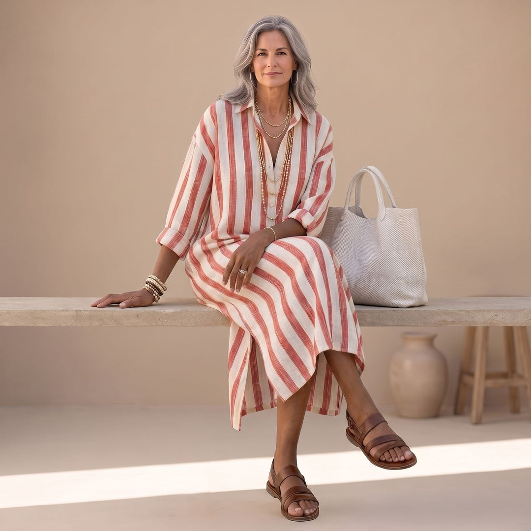 Women's Striped Long Sleeve Midi Shirt Dress Relaxed Fit
