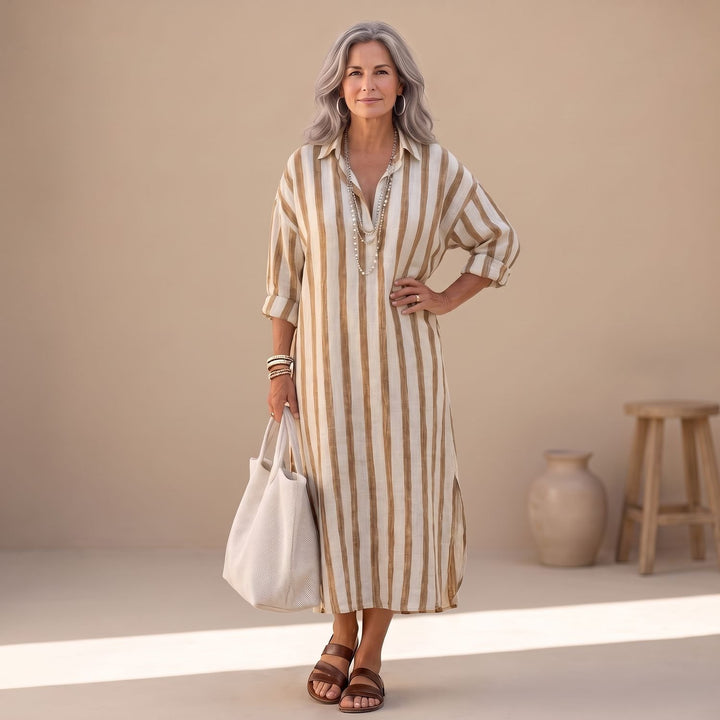 Women's Striped Long Sleeve Midi Shirt Dress Relaxed Fit