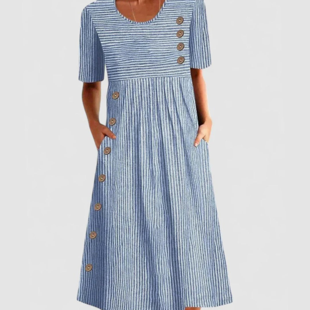 Women's Striped Midi Occasion Dress Short Sleeve Button Detail - Blue