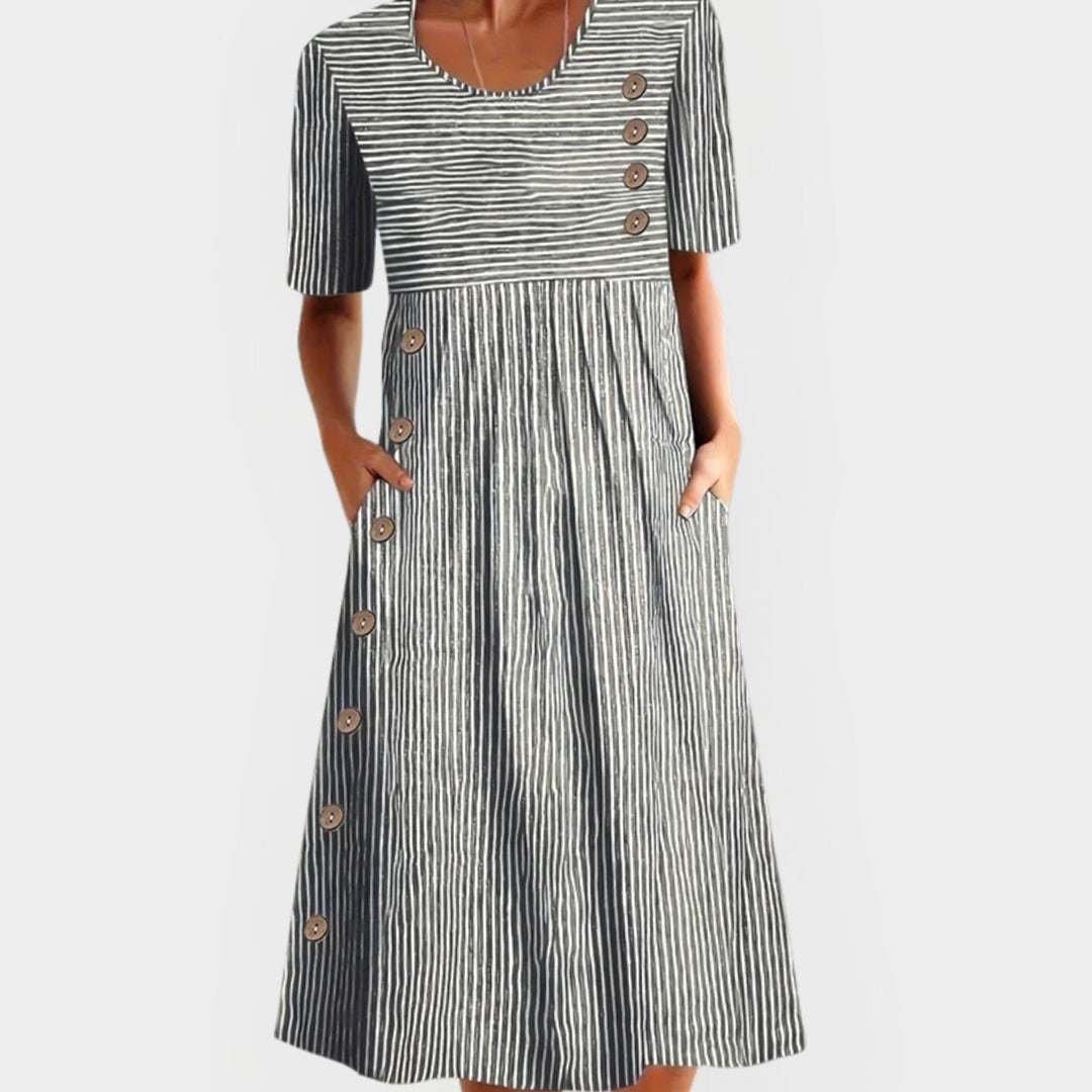 Women's Striped Midi Occasion Dress Short Sleeve Button Detail - Gray