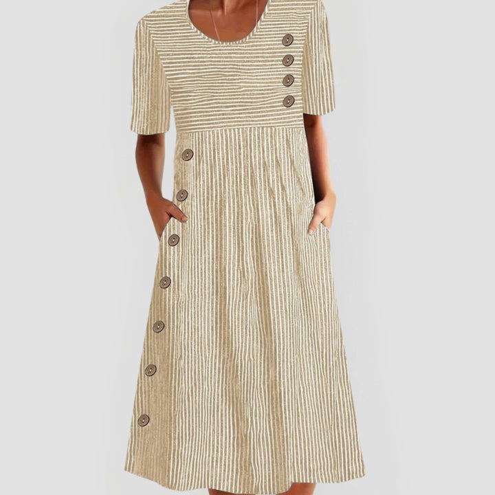 Women's Striped Midi Occasion Dress Short Sleeve Button Detail - Beige