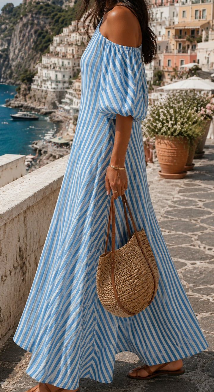 Women's Striped One-Shoulder Flowy Maxi Sundress