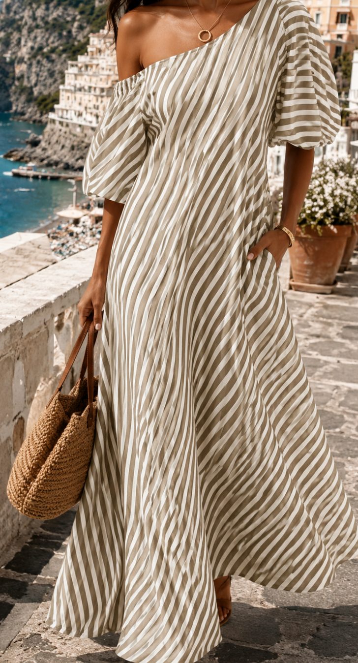 Women's Striped One-Shoulder Flowy Maxi Sundress - Khaki