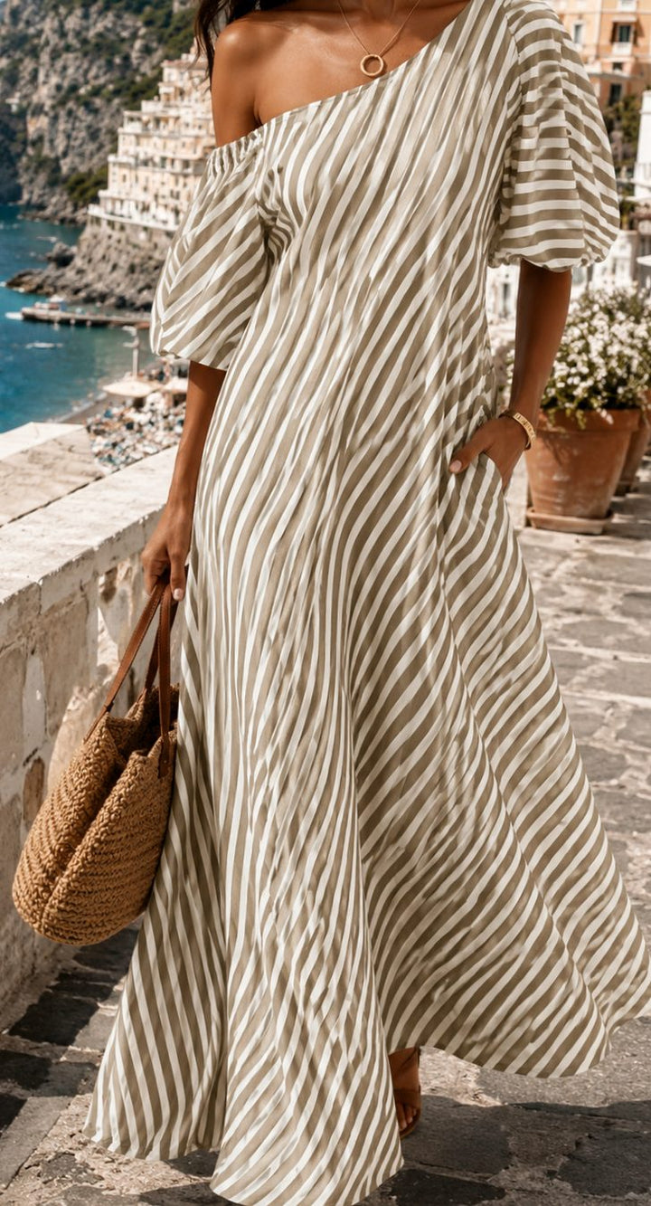 Women's Striped One-Shoulder Flowy Maxi Sundress - Khaki