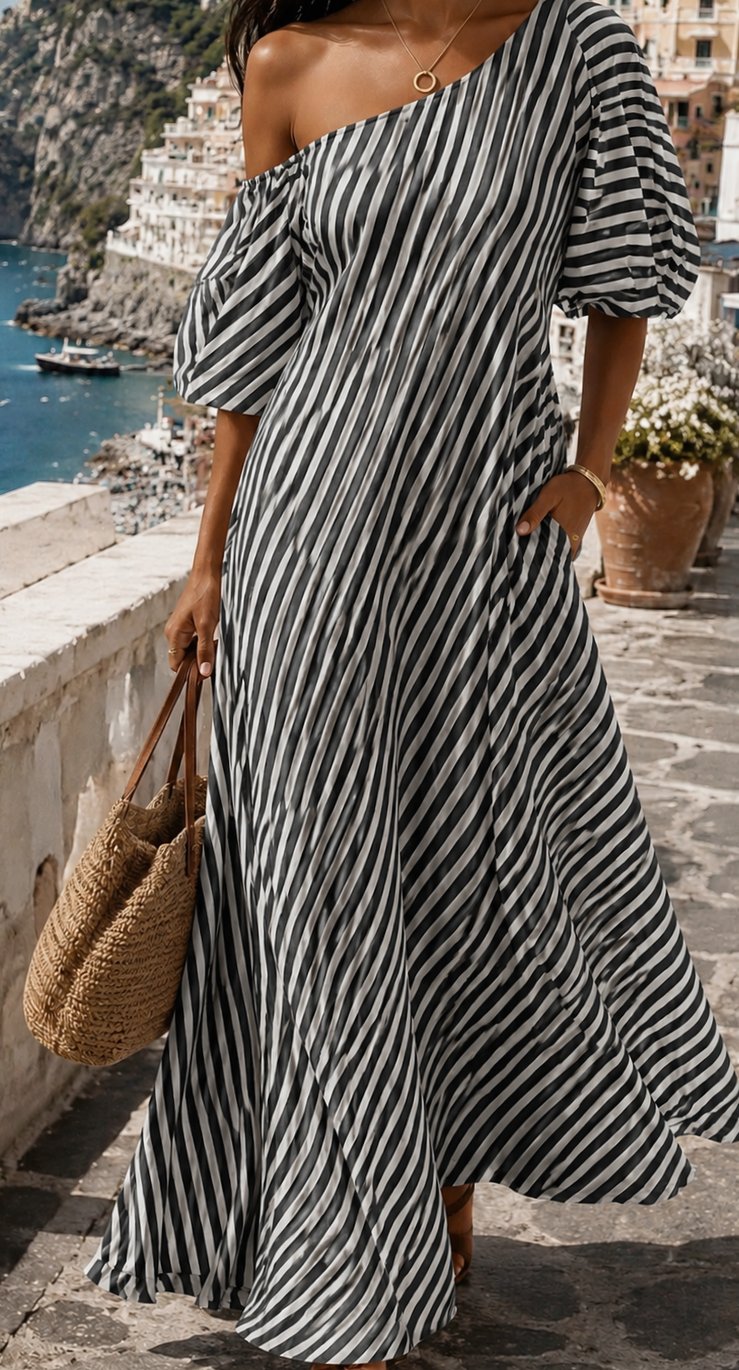 Women's Striped One-Shoulder Flowy Maxi Sundress - Black