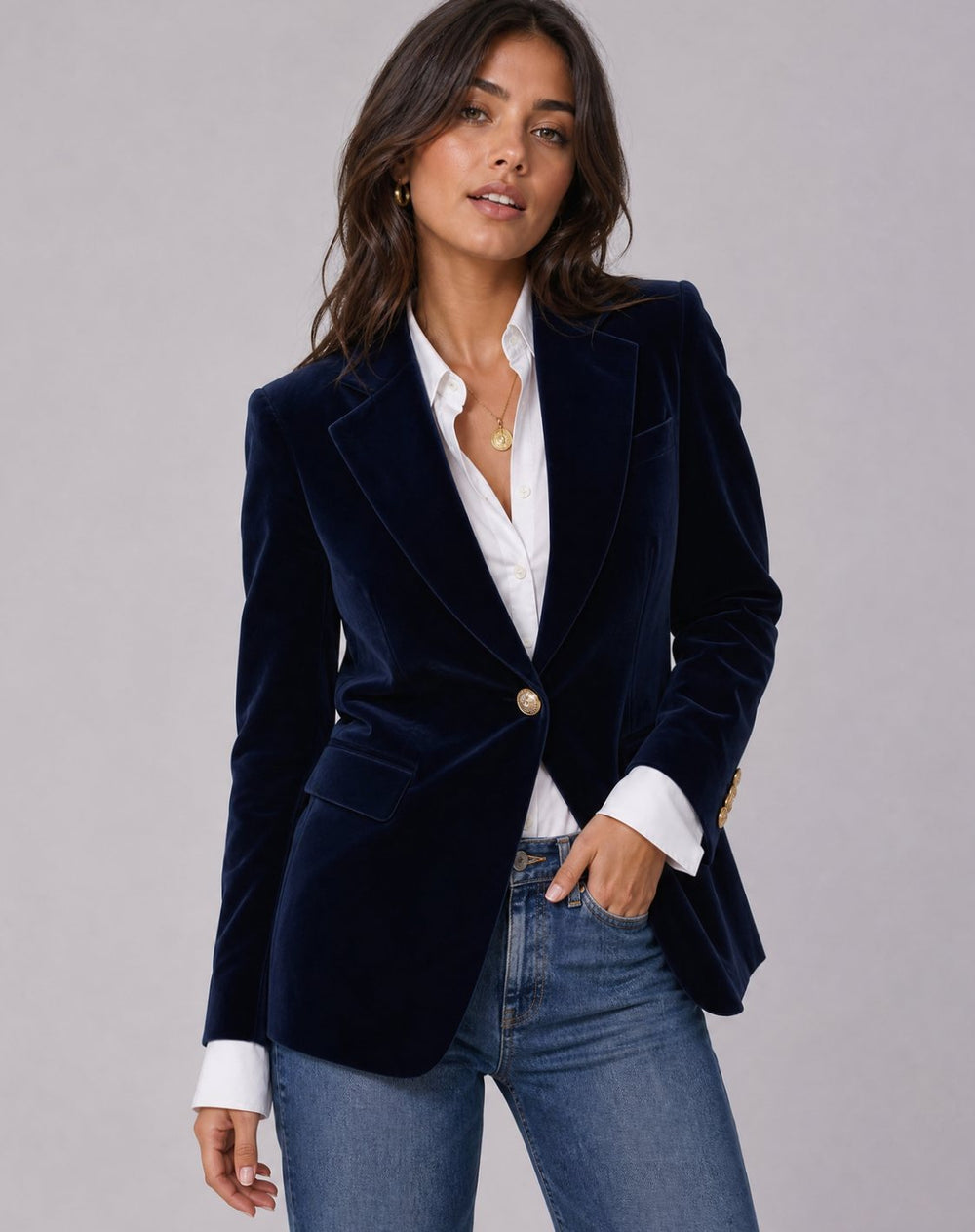 Women's Structured Velvet Gold-Button Slim Blazer - Dark Blue