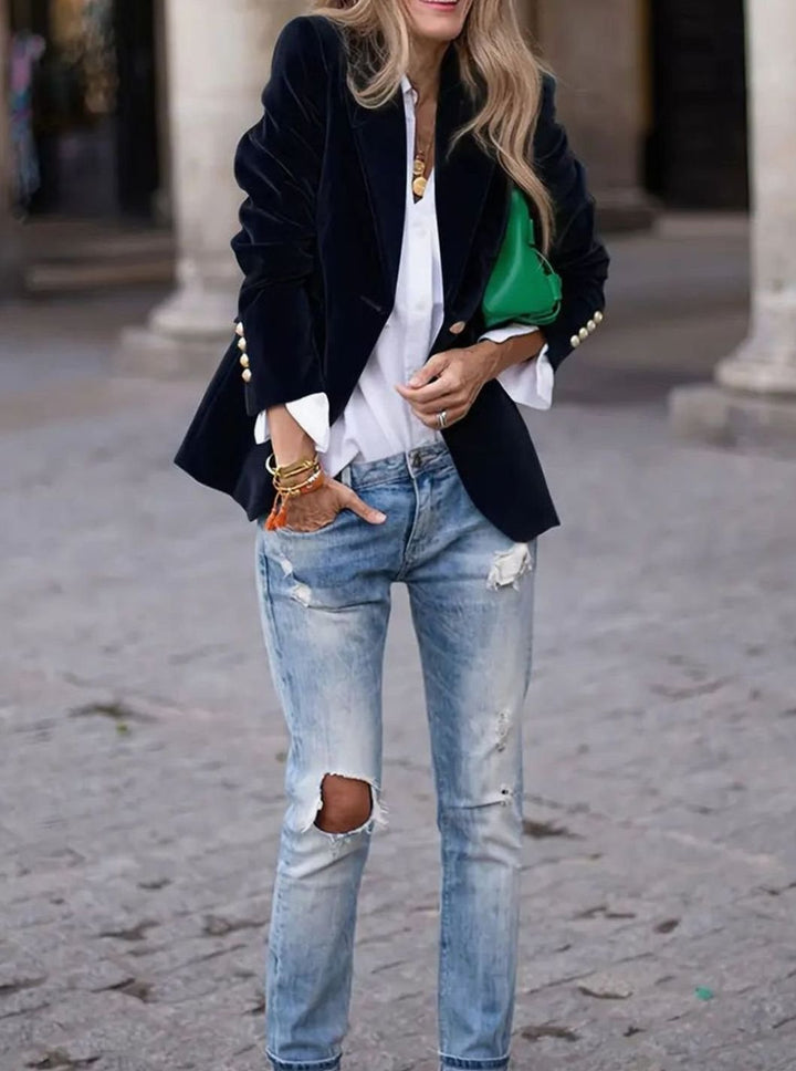 Women's Structured Velvet Gold-Button Slim Blazer