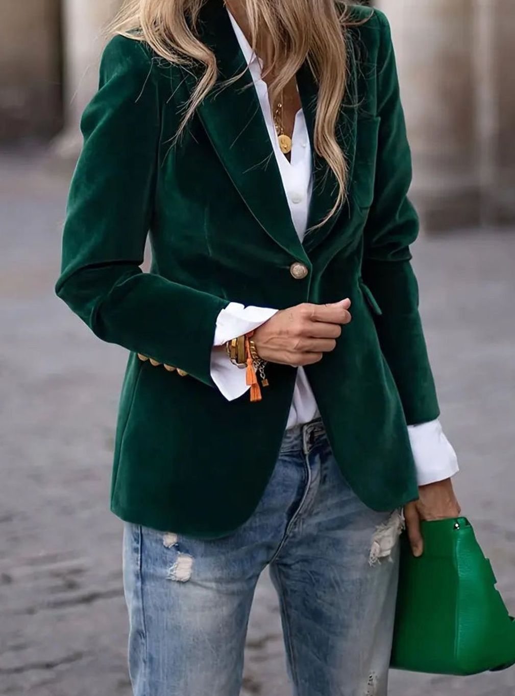 Women's Structured Velvet Gold-Button Slim Blazer - Green