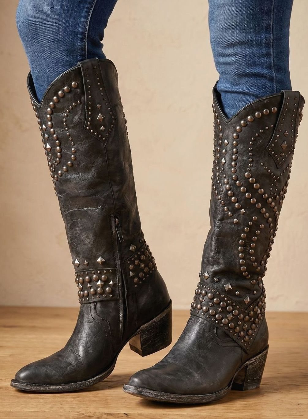 Women's Studded Pointed-Toe Knee High Boots Cowboy Western - Black