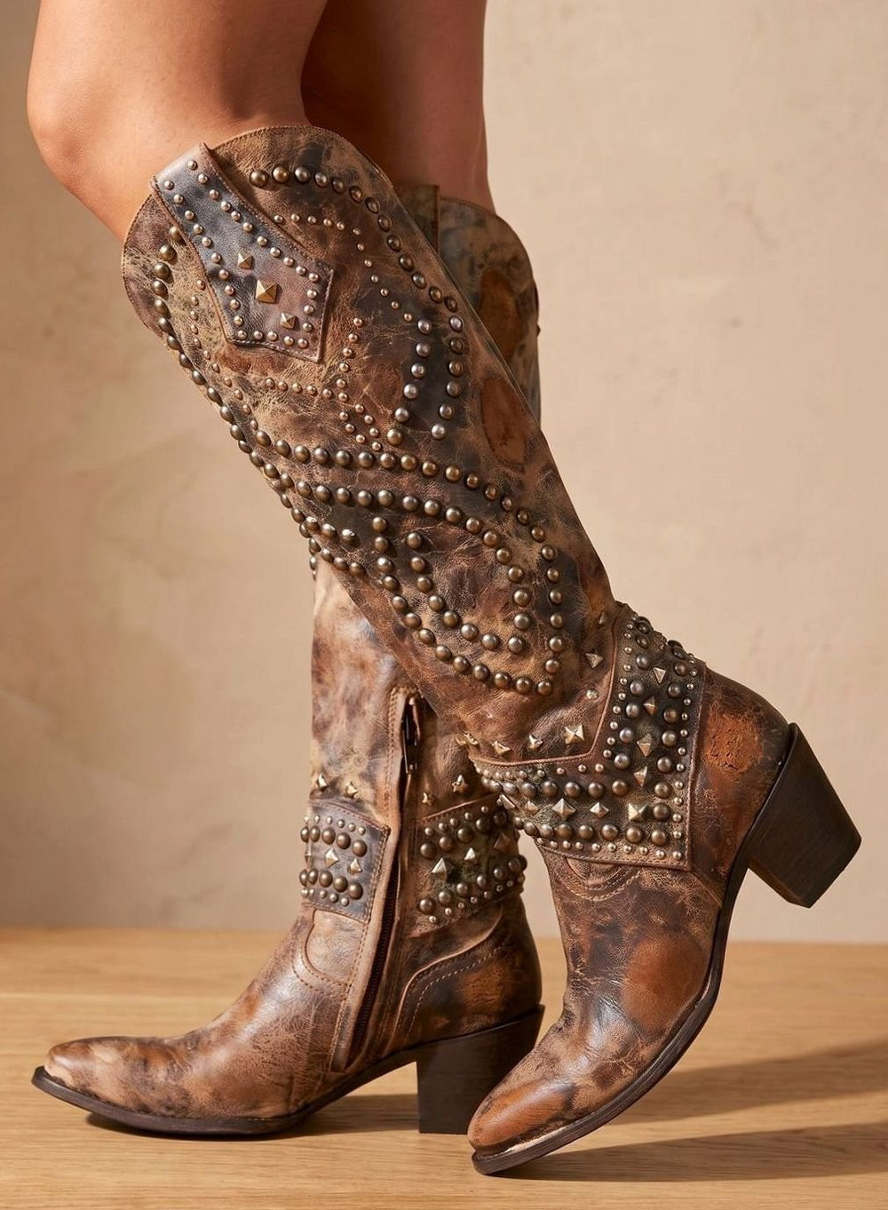 Women's Studded Pointed-Toe Knee High Boots Cowboy Western - Brown