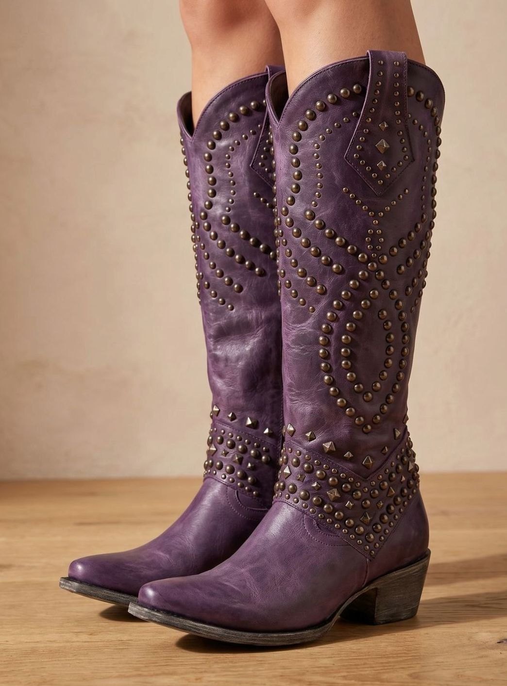 Women's Studded Pointed-Toe Knee High Boots Cowboy Western - Purple