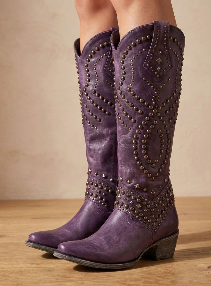 Women's Studded Pointed-Toe Knee High Boots Cowboy Western - Purple