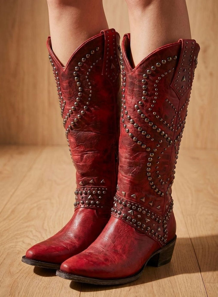 Women's Studded Pointed-Toe Knee High Boots Cowboy Western - Red