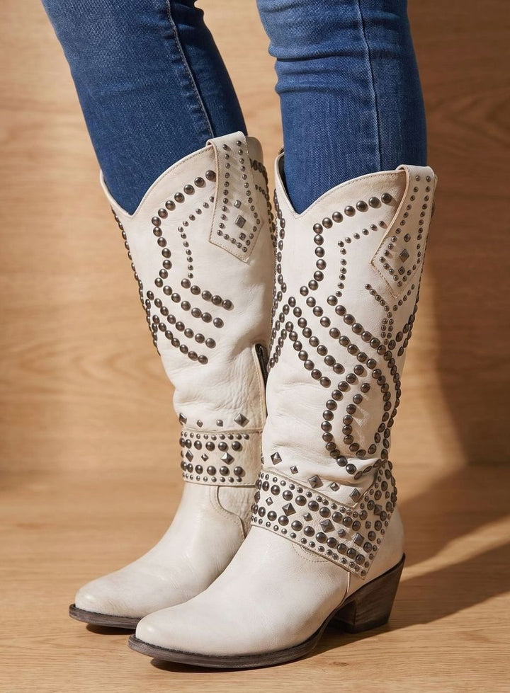 Women's Studded Pointed-Toe Knee High Boots Cowboy Western - White