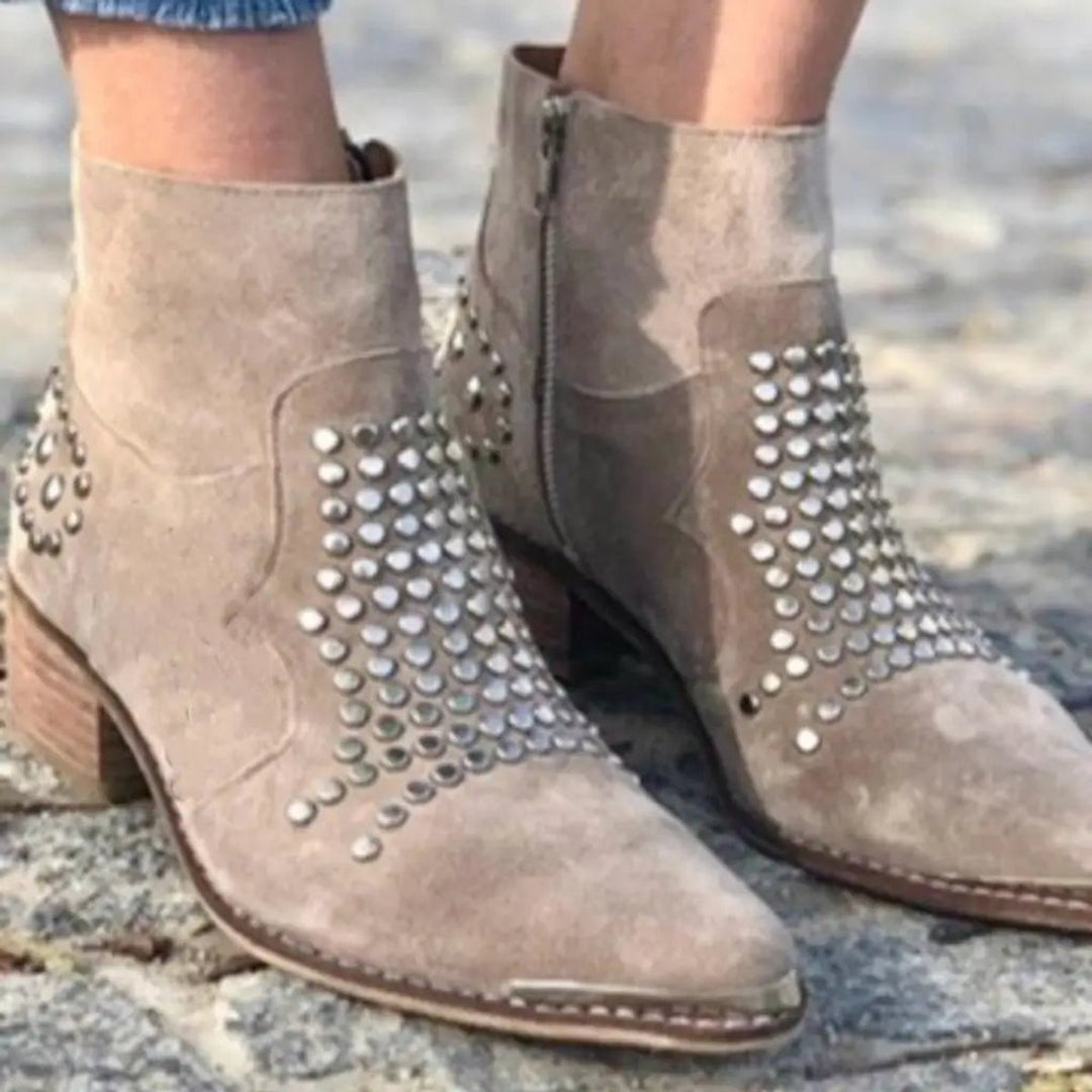 Women's Studded Suede Block-Heel Ankle Boots