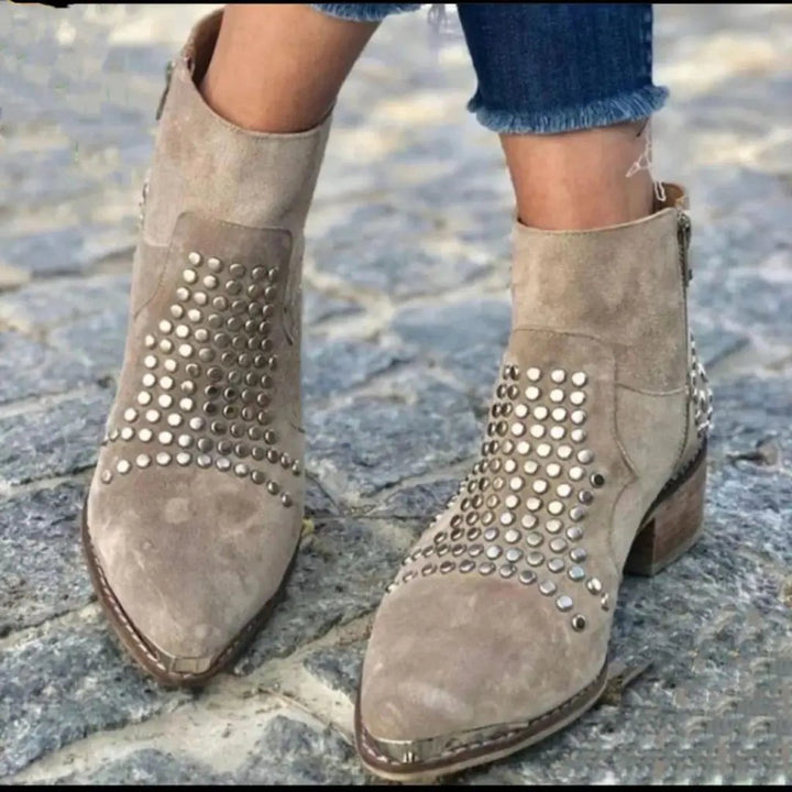 Women's Studded Suede Block-Heel Ankle Boots