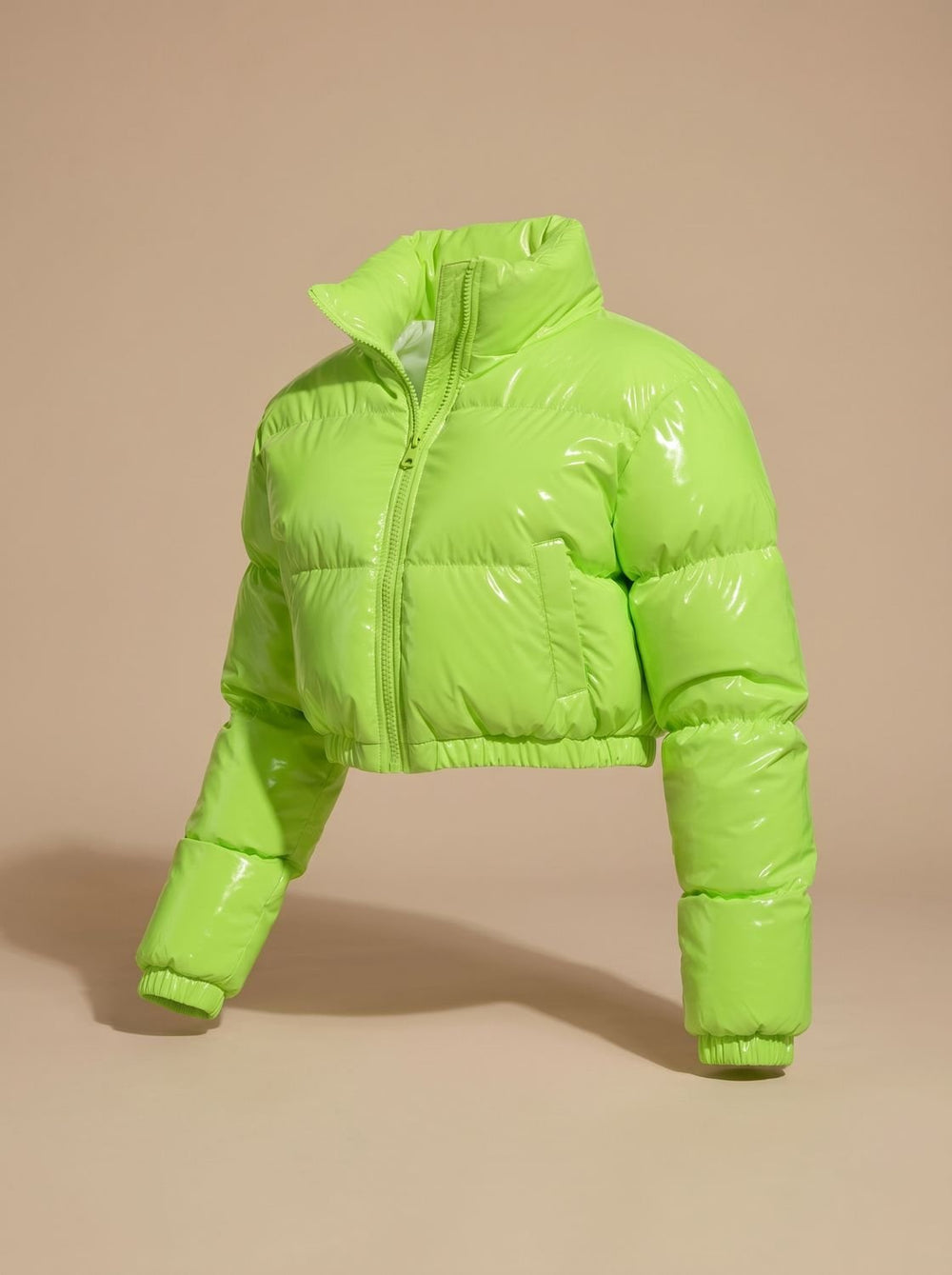 Women's Stylish Cropped Glossy Zip-Up Puffer Jacket - Neon Green