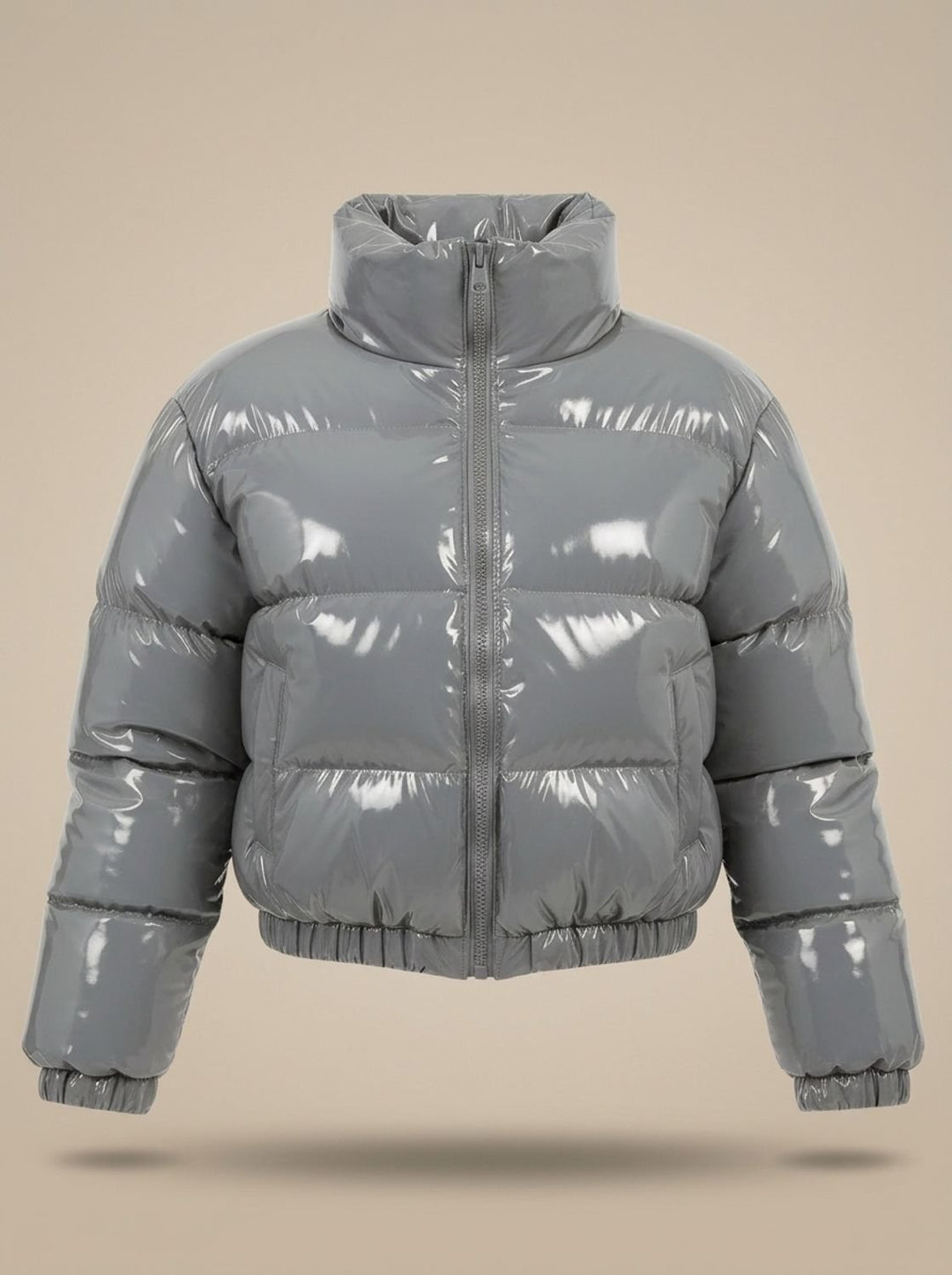Women's Stylish Cropped Glossy Zip-Up Puffer Jacket - Grey
