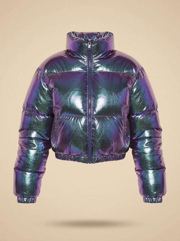 Women's Stylish Cropped Glossy Zip-Up Puffer Jacket - Metallic