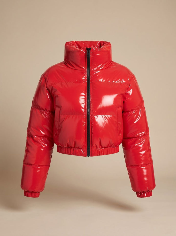 Women's Stylish Cropped Glossy Zip-Up Puffer Jacket - Red