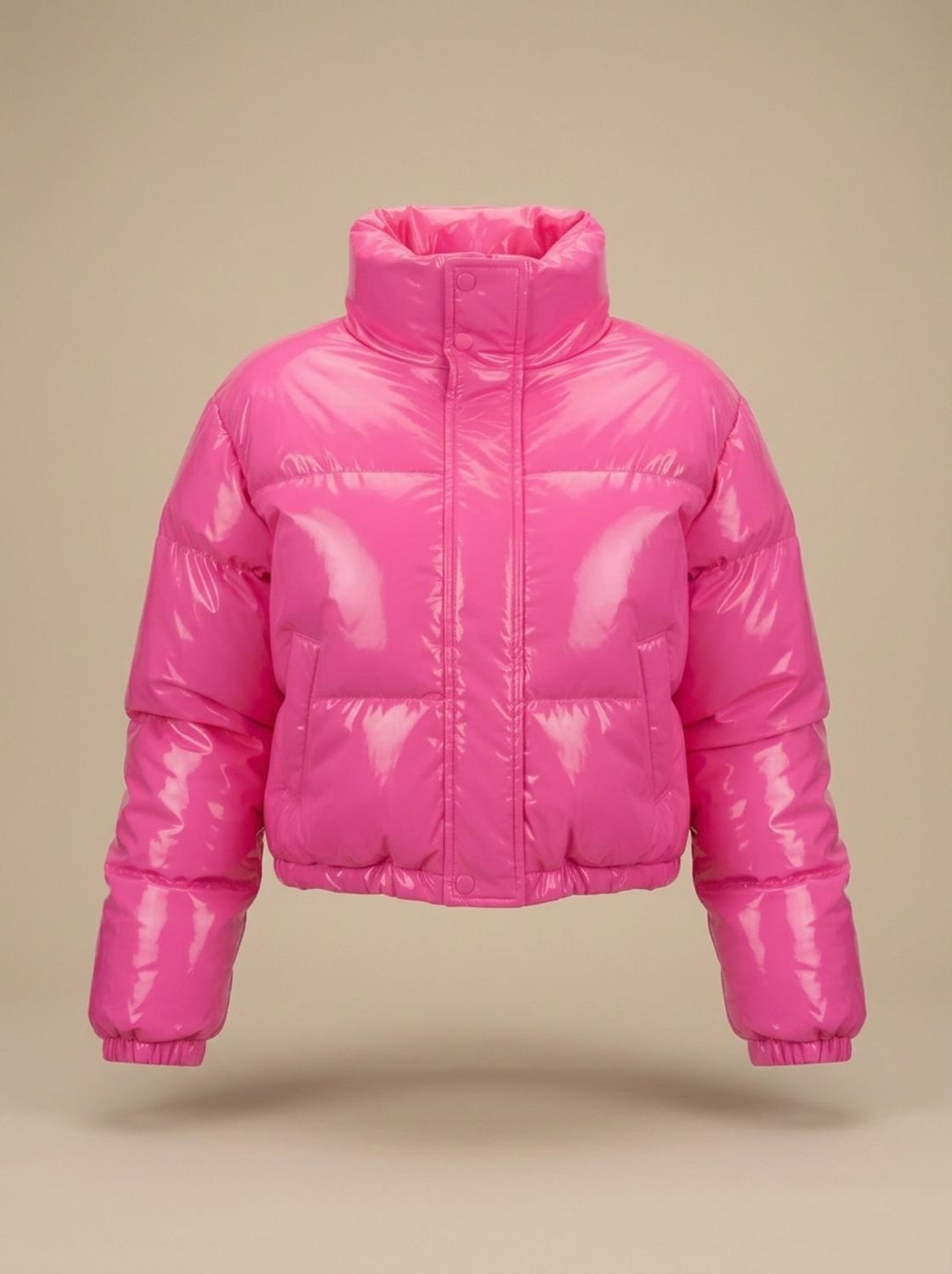 Women's Stylish Cropped Glossy Zip-Up Puffer Jacket - Pink