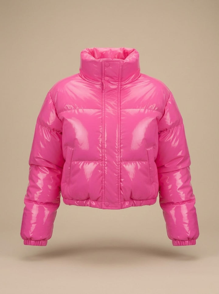 Women's Stylish Cropped Glossy Zip-Up Puffer Jacket - Pink