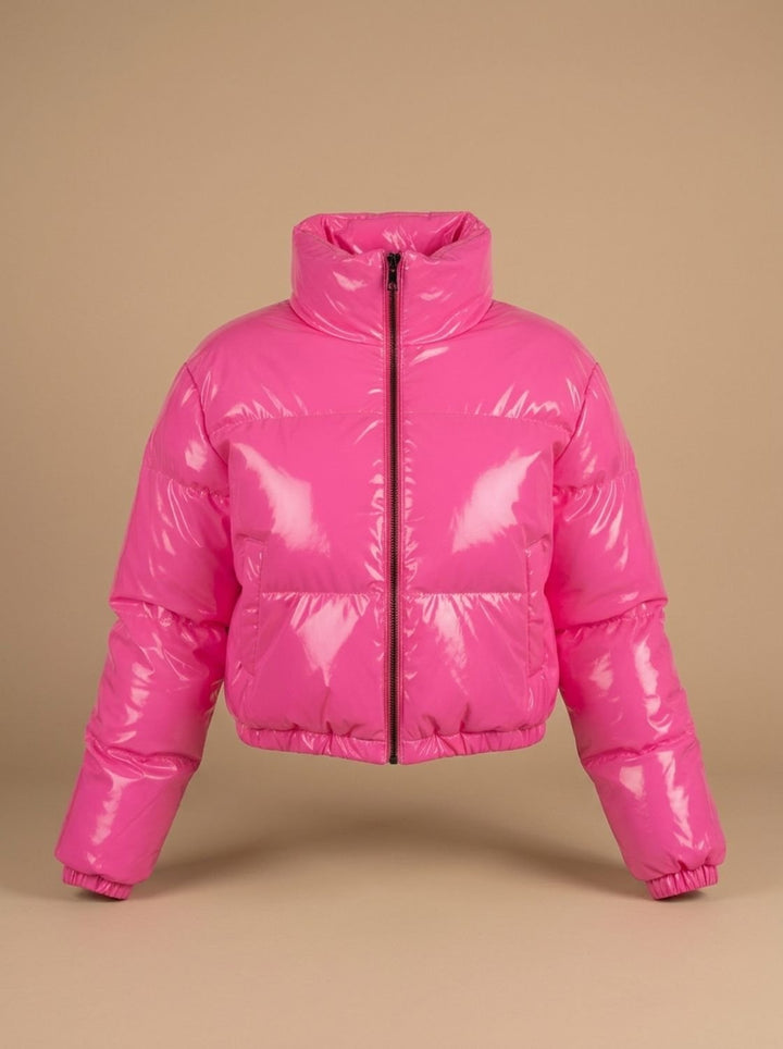 Women's Stylish Cropped Glossy Zip-Up Puffer Jacket - Pink
