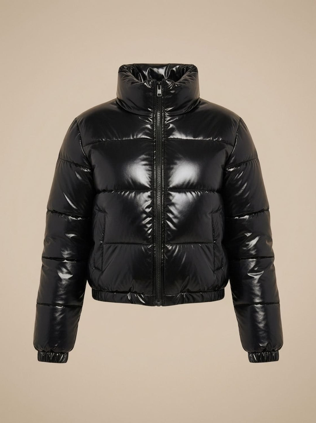 Women's Stylish Cropped Glossy Zip-Up Puffer Jacket - Black