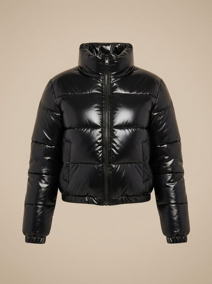 Women's Stylish Cropped Glossy Zip-Up Puffer Jacket - Black